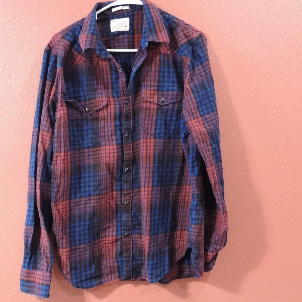 Lucky Brand Men Medium  Red Blue Snap Button Down Long Sleeve Flannel Shirt